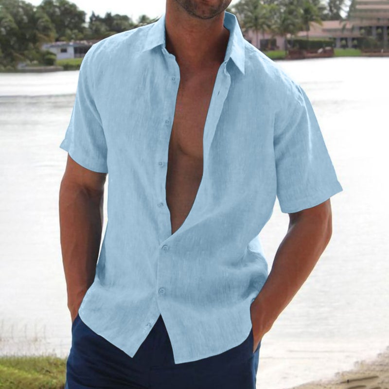 AliExpress Foreign Trade Mens Loose Linen Button Shirt Solid Color Casual Laps Short Sleeve Cardigan Mens Laps Outer Wear Grey - Image 3