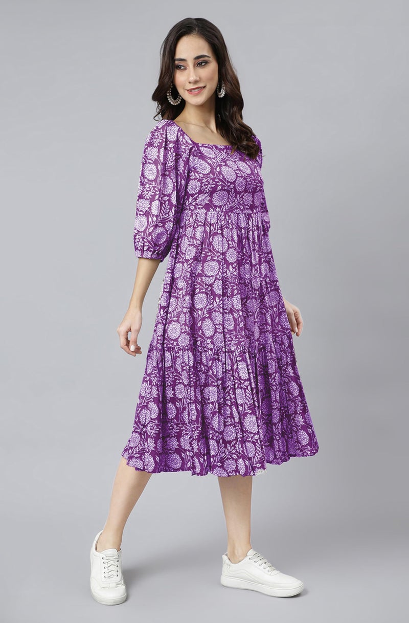 Janasya Women's Purple Pure Cotton Floral Printed Tiered Dress (JAC24DR01517-L) - Image 5