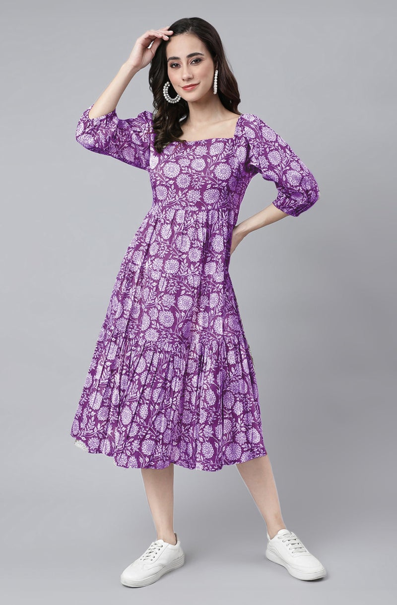 Janasya Women's Purple Pure Cotton Floral Printed Tiered Dress (JAC24DR01517-L) - Image 2