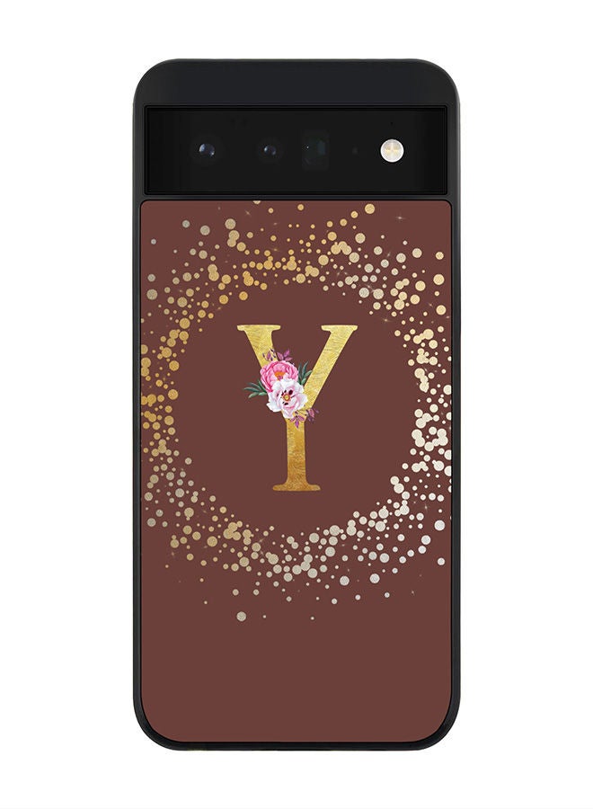 Stylizedd Rugged Black edge case for Google Pixel 6 5G Slim fit Soft Case Flexible Rubber Edges Anti Drop TPU Gel Thin Cover - Custom Monogram Initial Letter Floral Pattern Alphabet - Y (Brown ) - Image 1