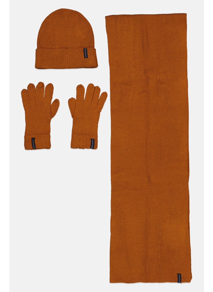 French Connection - Men 3 Pack Textured Beanie With Scarf And Gloves Set, Brown - Image 1