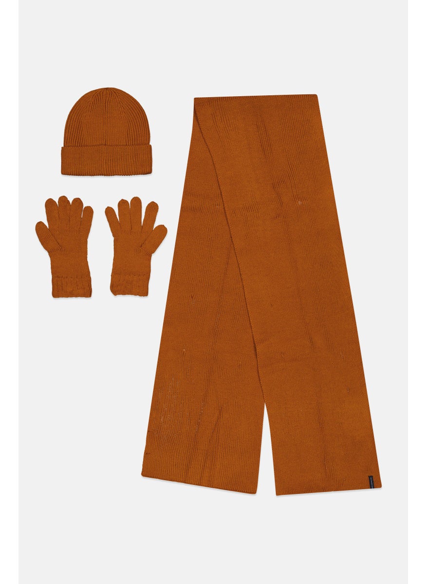 French Connection - Men 3 Pack Textured Beanie With Scarf And Gloves Set, Brown - Image 1