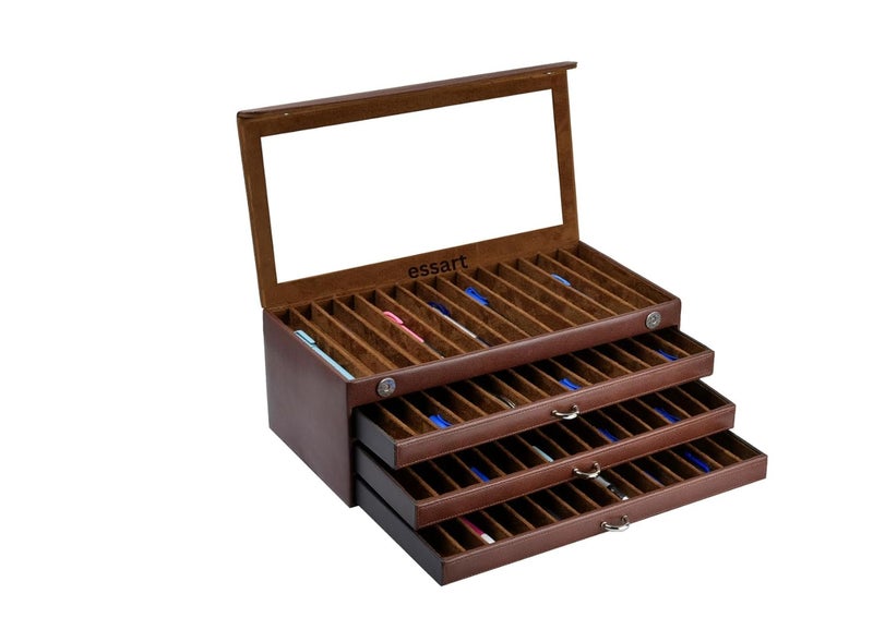 essart Faux Leather Four Level Pen Transparent Display Organizer Box for 60 pens in Snakebit-Brown Color - Image 1