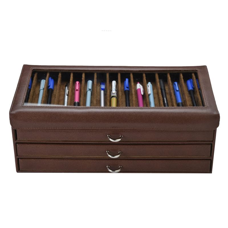 essart Faux Leather Four Level Pen Transparent Display Organizer Box for 60 pens in Snakebit-Brown Color - Image 5