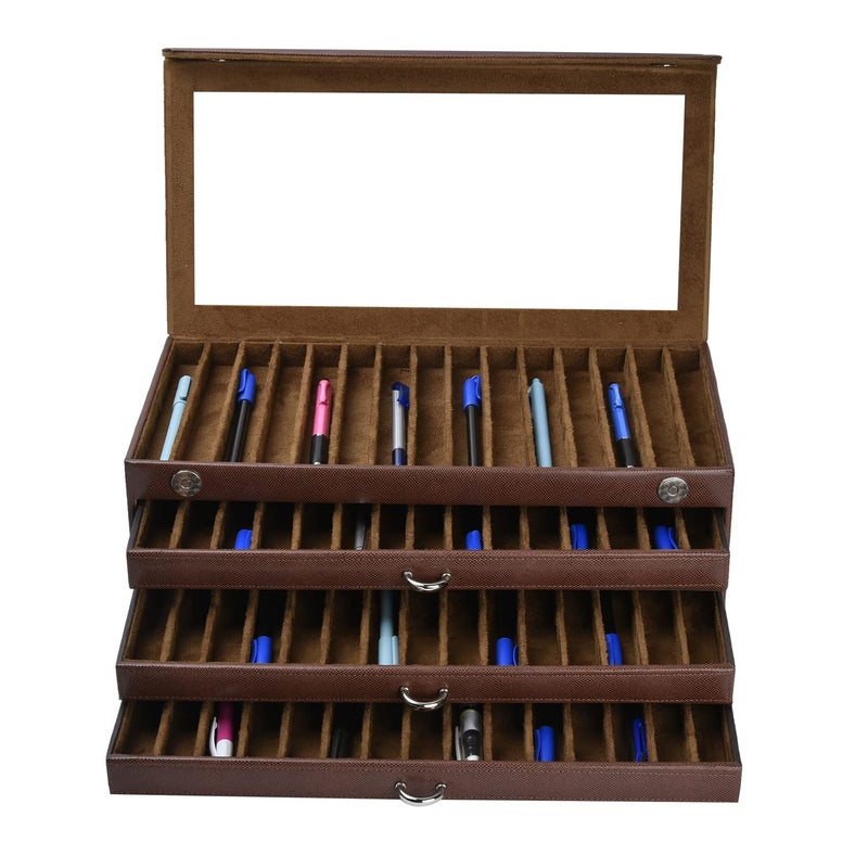 essart Faux Leather Four Level Pen Transparent Display Organizer Box for 60 pens in Snakebit-Brown Color - Image 4