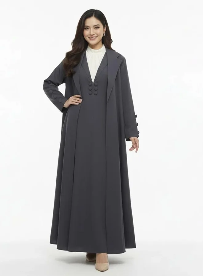 عبايات لمحة عباية عملية بقصة بليزر مع فستان منفصل مزينة بأزرار بلون الرمادي