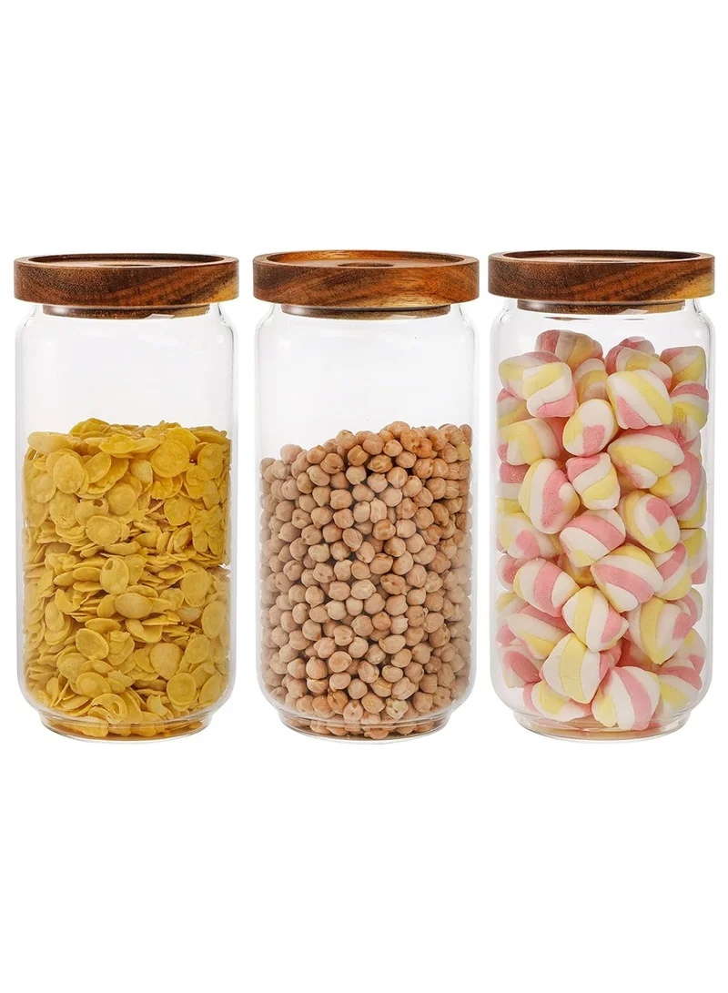 QUESERA 950ml Glass food storage jars with acacia wood lids with preprinted pantry labels- pack of 3 pcs