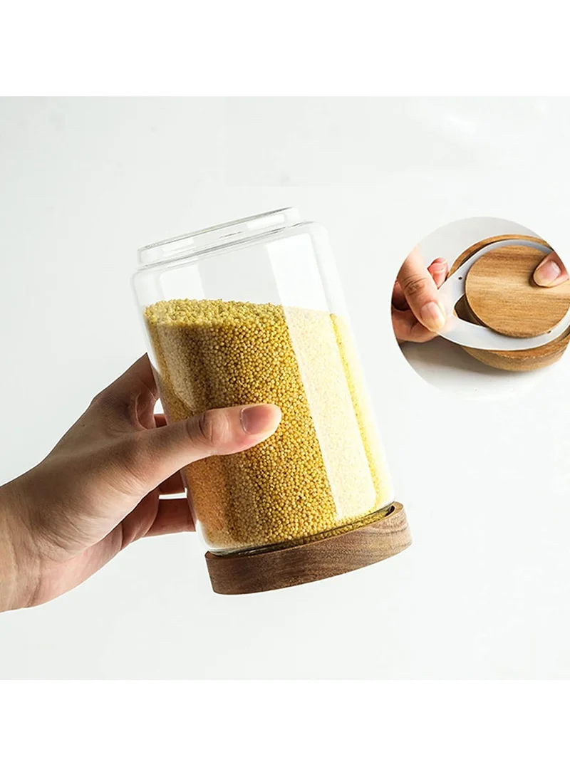 QUESERA 950ml Glass food storage jars with acacia wood lids with preprinted pantry labels- pack of 3 pcs
