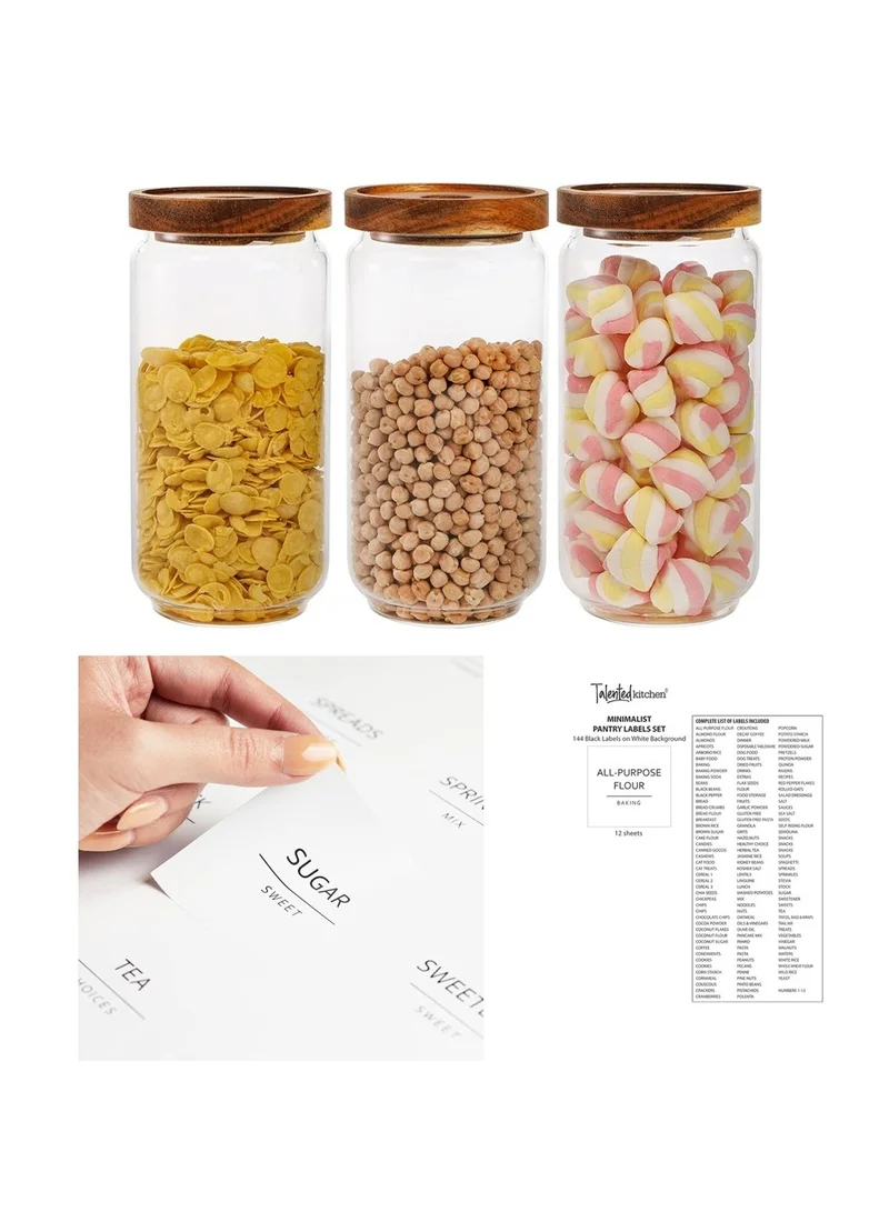 Quesera  950ml Glass food storage jars with acacia wood lids with preprinted pantry labels- pack of 3 pcs  | Best Price UAE