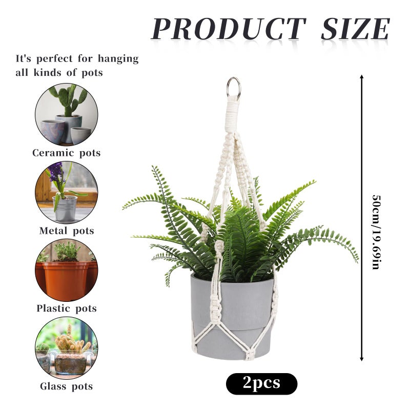 Sliverdew Macrame Plant Hanger, 2 Pack Boho Hanging Planters Baskets for Indoor Plants Decorative Braided Cotton Rope Flower Pot Holder with Metal Hook Rings for Outdoor Home Decor, No Tassels, Ivory, 20 Inchs - Image 4