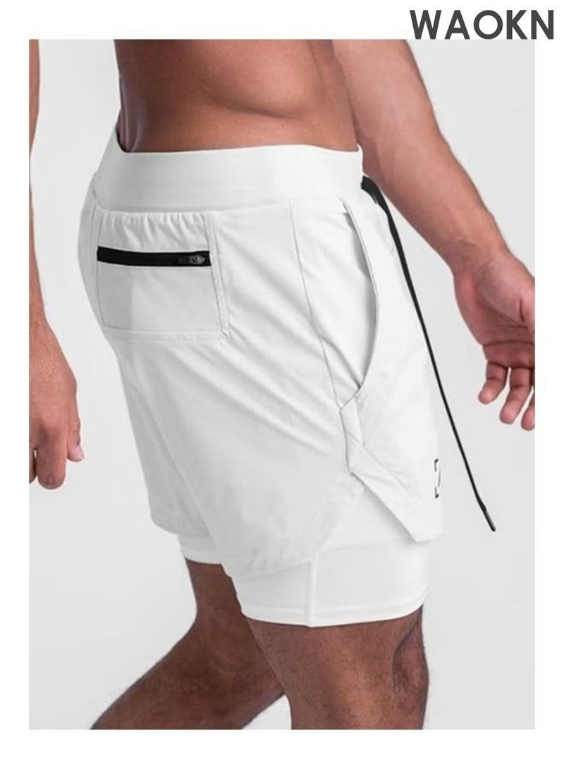 WAOKN Five-Point Sports Shorts Fake Two-Piece Quick Drying Double Layer Basketball Pants Anti-Light Running Fitness Summer Multi-pocket Squat Quick-Drying Pants Casual Running Elastic Waist，Sports quick drying shorts, counterfeit two-piece shorts, training shorts, comfortable and soft fabric, fast drying double-layer basketball shorts with anti glare, sports and casual style, can be used for running and fitness training White - Image 3