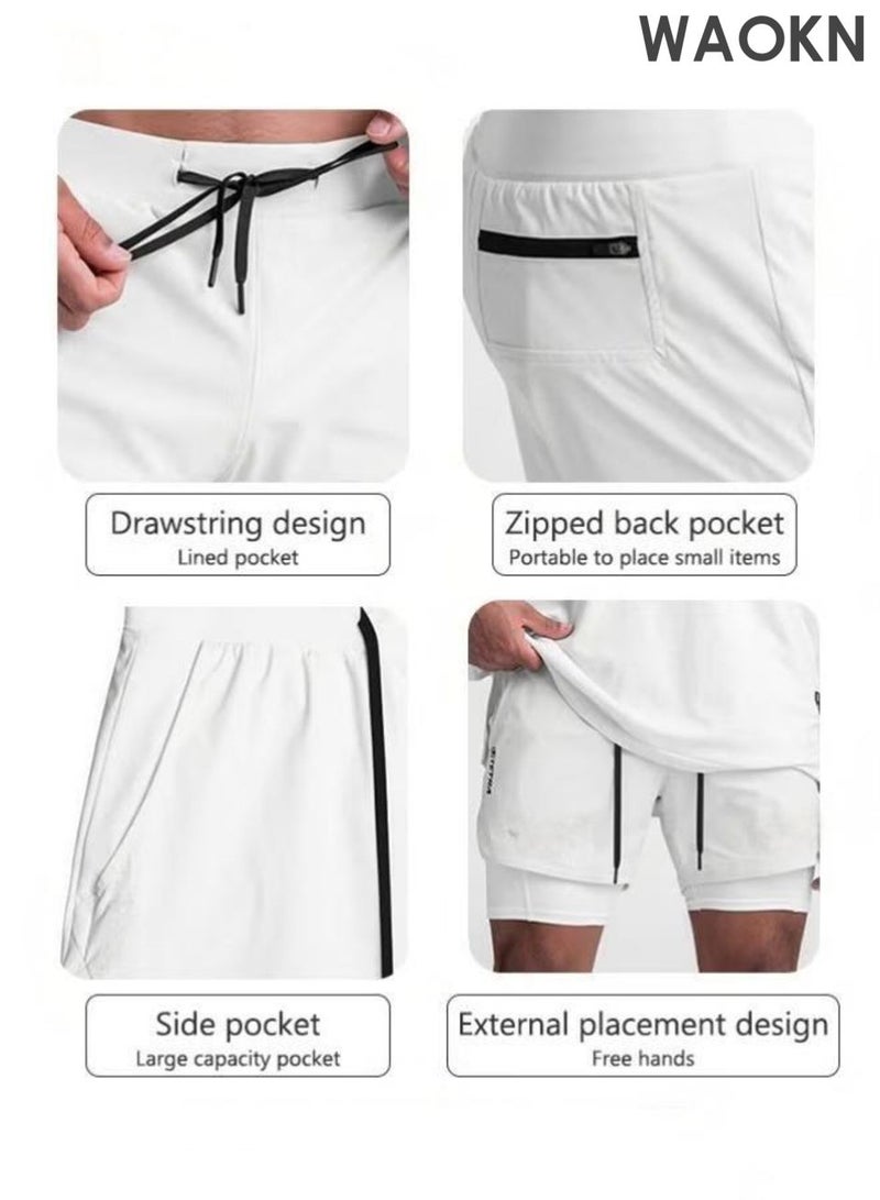 WAOKN Five-Point Sports Shorts Fake Two-Piece Quick Drying Double Layer Basketball Pants Anti-Light Running Fitness Summer Multi-pocket Squat Quick-Drying Pants Casual Running Elastic Waist，Sports quick drying shorts, counterfeit two-piece shorts, training shorts, comfortable and soft fabric, fast drying double-layer basketball shorts with anti glare, sports and casual style, can be used for running and fitness training White - Image 4
