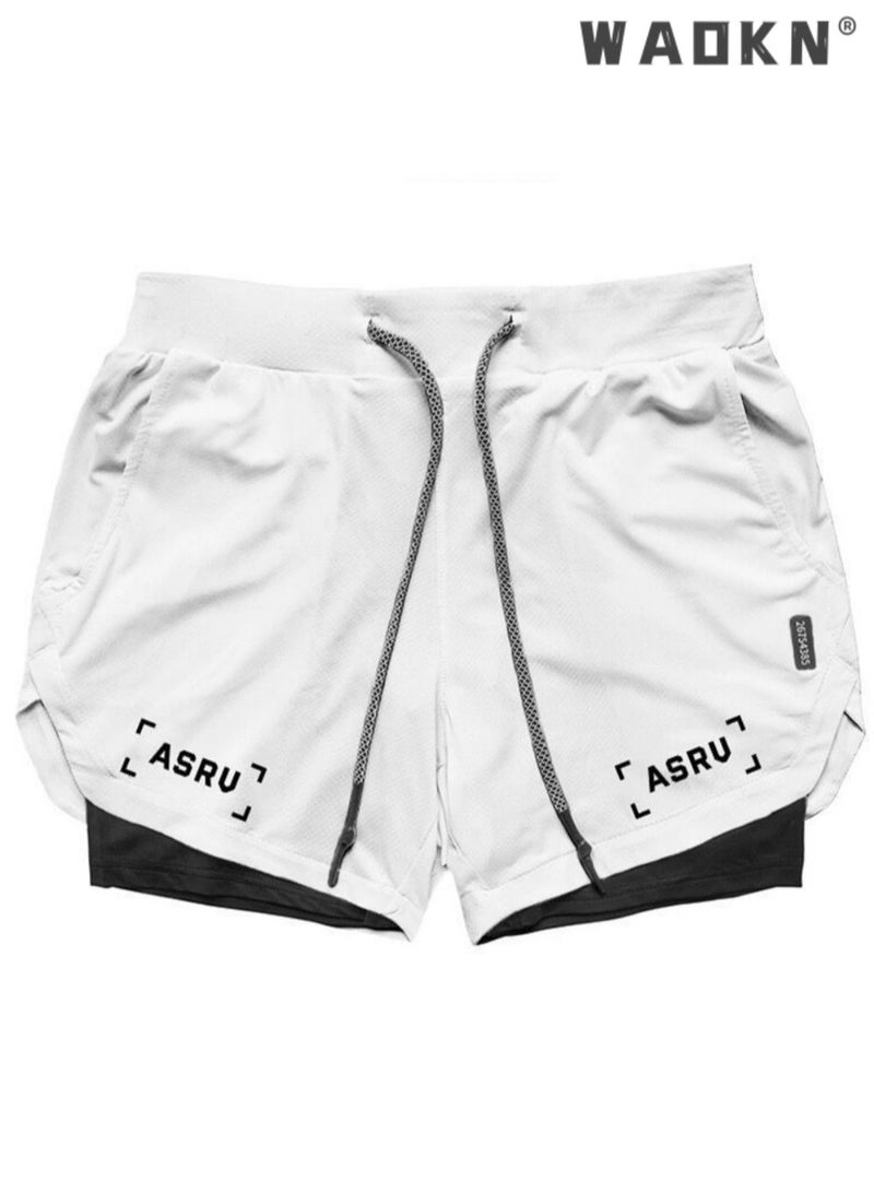 WAOKN Five-Point Sports Shorts Fake Two-Piece Quick Drying Double Layer Basketball Pants Anti-Light Running Fitness Summer Multi-pocket Squat Quick-Drying Pants Casual Running Elastic Waist，Sports quick drying shorts, counterfeit two-piece shorts, training shorts, comfortable and soft fabric, fast drying double-layer basketball shorts with anti glare, sports and casual style, can be used for running and fitness training White - Image 1