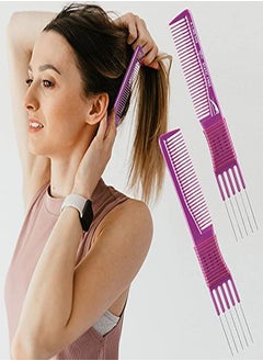 Patelai 4 Pieces Carbon Lift Teasing Combs With Metal Prong And Hair Pick Salon Teasing Lifting Fluffing Comb With 5 Stainless Steel Pins For Women Most Hair Types (Artsy Style Black And Purple)  - Image 4
