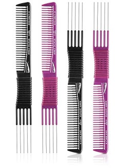 Patelai 4 Pieces Carbon Lift Teasing Combs With Metal Prong And Hair Pick Salon Teasing Lifting Fluffing Comb With 5 Stainless Steel Pins For Women Most Hair Types (Artsy Style Black And Purple)  - Image 1