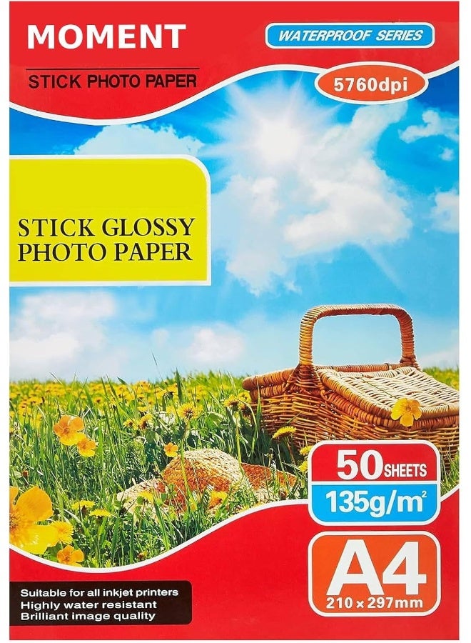 MOMENT Sticker Photo Paper 8.5 X 11 Inch Glossy Photo Quality Paper 50 Sheets Self-Adhesive Paper For Inkjet Printers Sticky Paper Printable White, 135 Gsm, 50 Count Pack  - Image 1