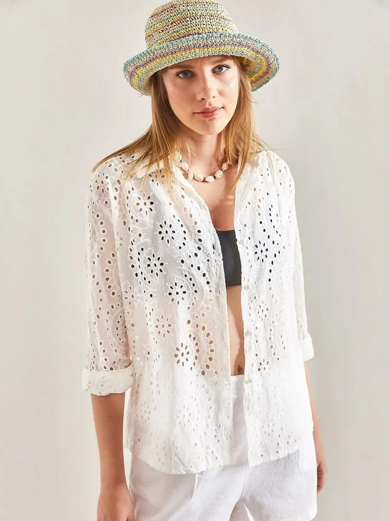 Bianco Lucci LUCCI Embroidered Lace Woven Shirt