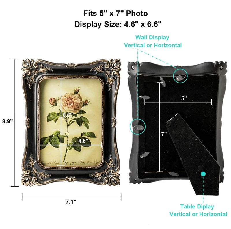 CISOO Vintage 5x7 Picture Frame Antique Photo Frame Table Top Display and Wall Hanging  Retro Home Decor  Ornate Photo Gallery Art (Black and Gold) - Image 5