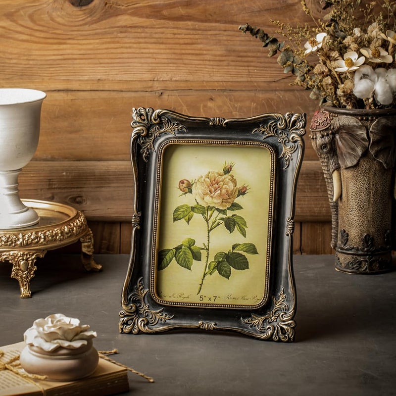 CISOO Vintage 5x7 Picture Frame Antique Photo Frame Table Top Display and Wall Hanging  Retro Home Decor  Ornate Photo Gallery Art (Black and Gold) - Image 2