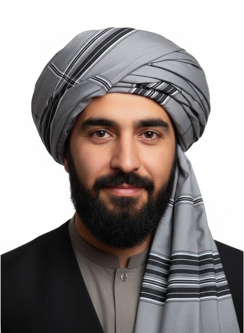 عمامة تراثية أفغانية، مخططة باللون الرمادي - Image 2