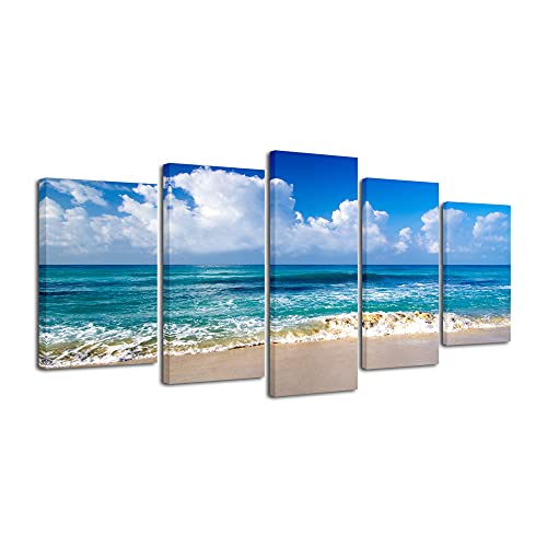 Pyradecor Seaside Modern Stretched and Framed Seascape 5 panels Giclee Canvas Prints Artwork Landscape Pictures Paintings on Canvas Wall Art for Home Decor - Image 1