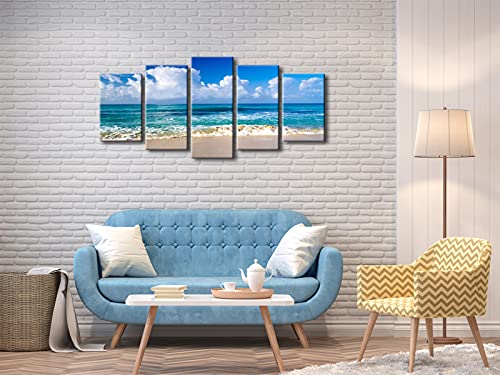 Pyradecor Seaside Modern Stretched and Framed Seascape 5 panels Giclee Canvas Prints Artwork Landscape Pictures Paintings on Canvas Wall Art for Home Decor - Image 2