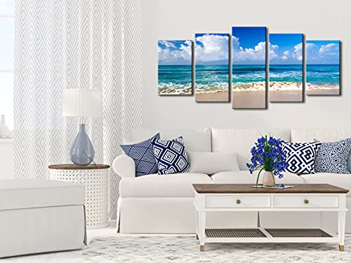Pyradecor Seaside Modern Stretched and Framed Seascape 5 panels Giclee Canvas Prints Artwork Landscape Pictures Paintings on Canvas Wall Art for Home Decor - Image 5