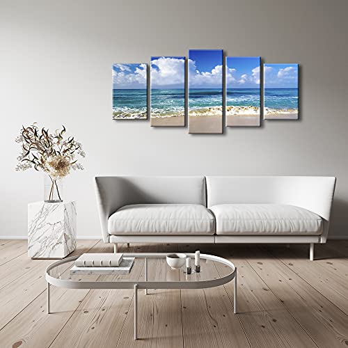 Pyradecor Seaside Modern Stretched and Framed Seascape 5 panels Giclee Canvas Prints Artwork Landscape Pictures Paintings on Canvas Wall Art for Home Decor - Image 4