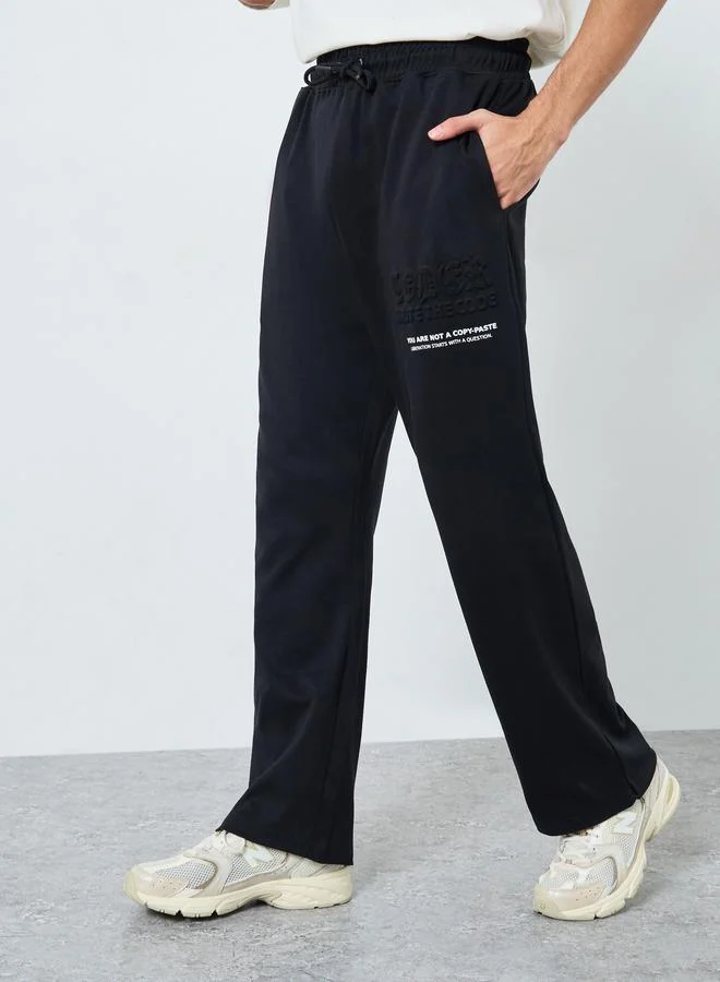 Styli Black Embossed Minimal Slogan Joggers