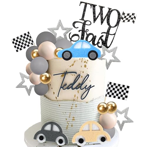 DRWATE 27 PCS Two Fast Cake Toppers Race Car 2nd Birthday Cake Decorations for Racing Car Checkered Flag Birthday Anniversary Party Decorations Supplies (01) - Image 1