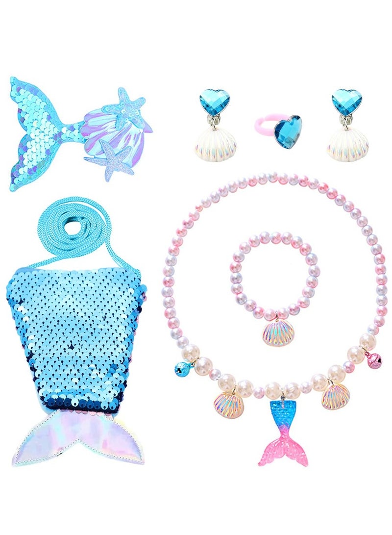 Mordely Mermaid Jewellery Sets,Kids jewellery Sets for Little Girls,Children Jewelry Sets Include Handbag Necklace Bracelets,Princess Costume Play Pretend Dress Up Party Favors  - Image 1