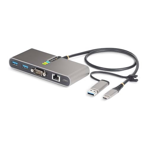 StarTech.com 2-Port USB-C Hub with Gb Ethernet and RS232 FTDI Serial, Attached USB-C to USB-A Dongle, 100W PD Pass-Through, 2X USB-A 5Gbps - Image 1