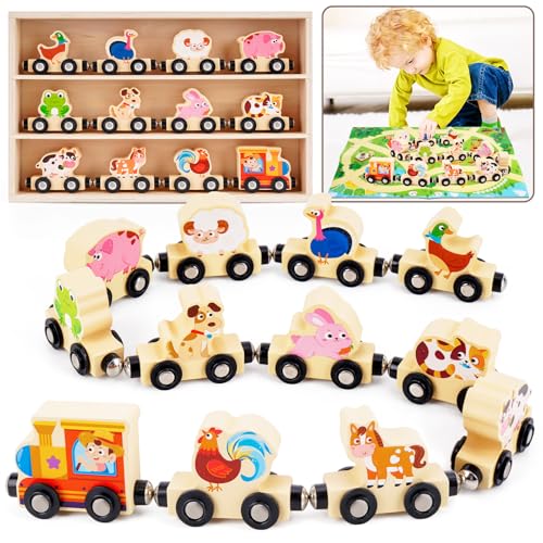 KMTJT Montessori Wooden Train Toy for 1 2 3 Years Old Toddlers 12 Magnetic Animals Train Kids Box STEM Educational Toy with Game Map 1st 2nd Birthday for Boys Girls - Image 1