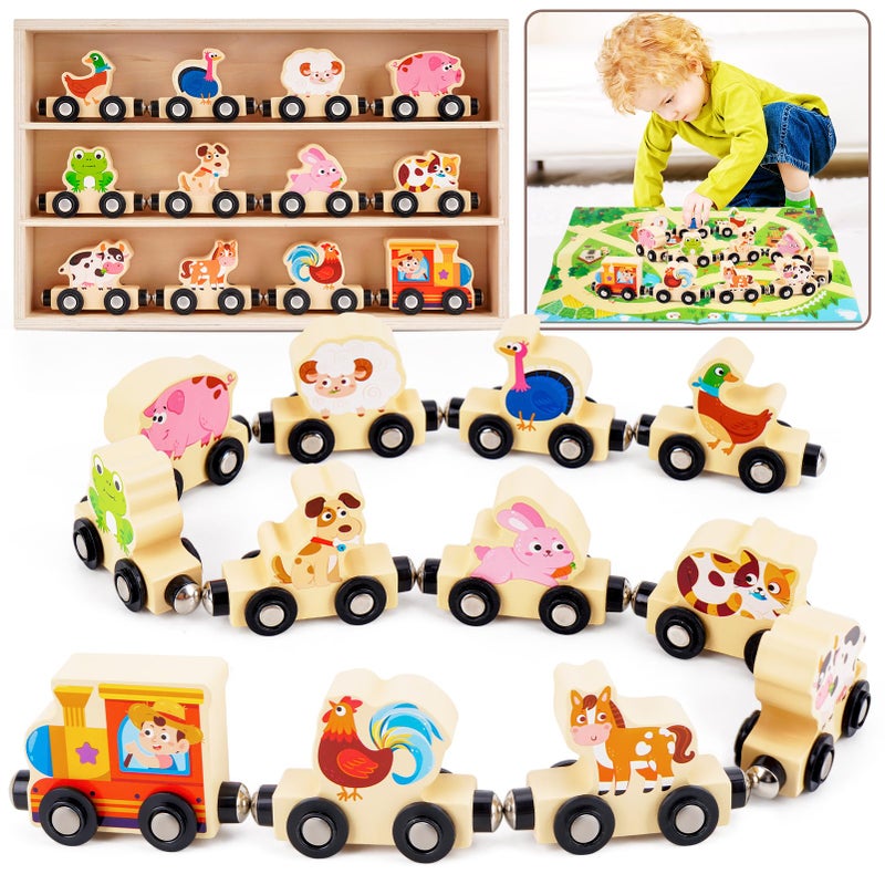 KMTJT Montessori Wooden Train Toy for 1 2 3 Years Old Toddlers 12 Magnetic Animals Train Kids Box STEM Educational Toy with Game Map 1st 2nd Birthday for Boys Girls - Image 3