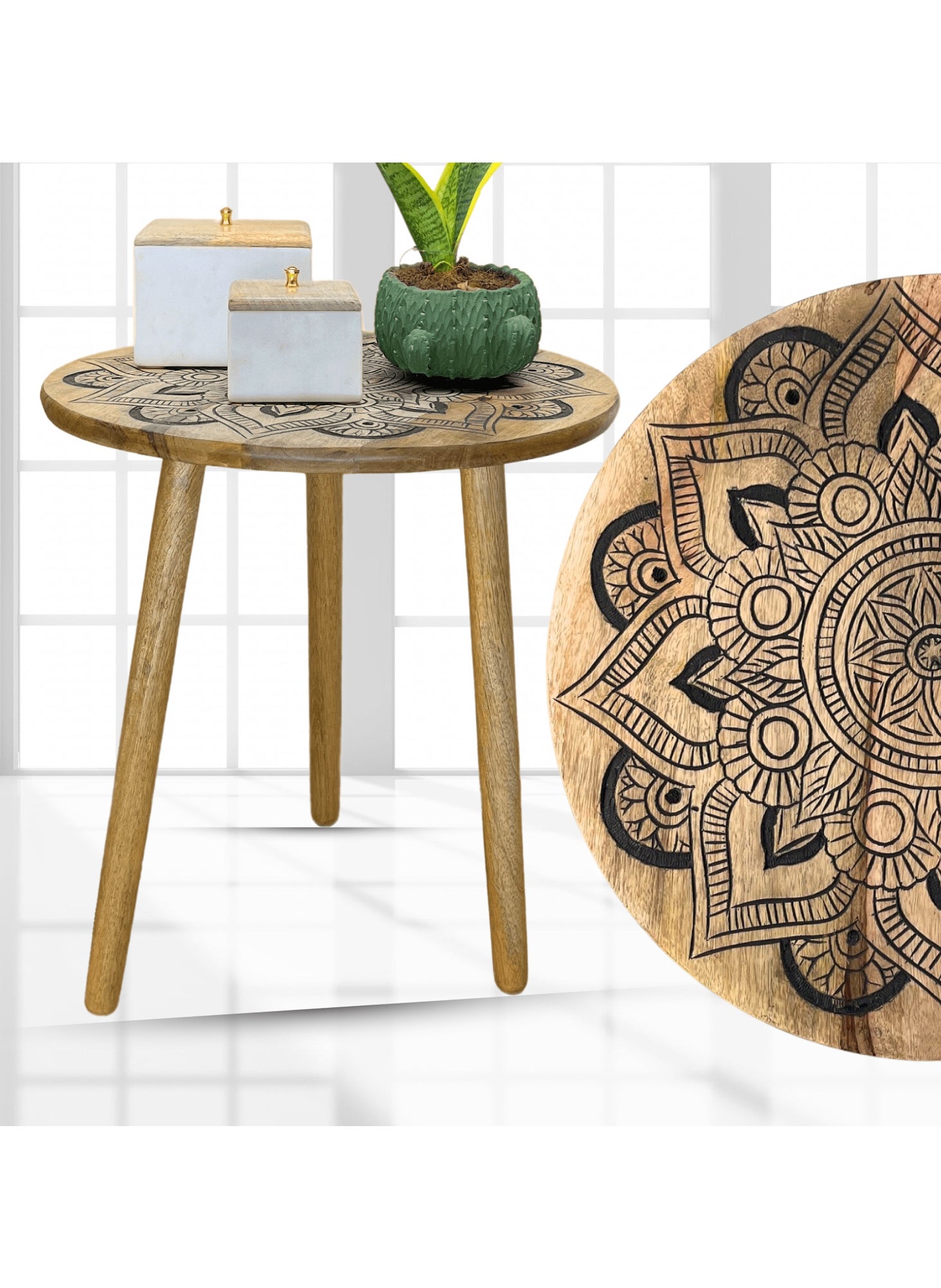 Souq DESIGNS  Round table Bedside Wood Nightstand - Use End Table Rustic Boho Wooden Small in Bedroom , Farmhouse Bamboo Nightstand Furniture in Distress Solid Wood Hand carved - 48 cm H x 48cm D 