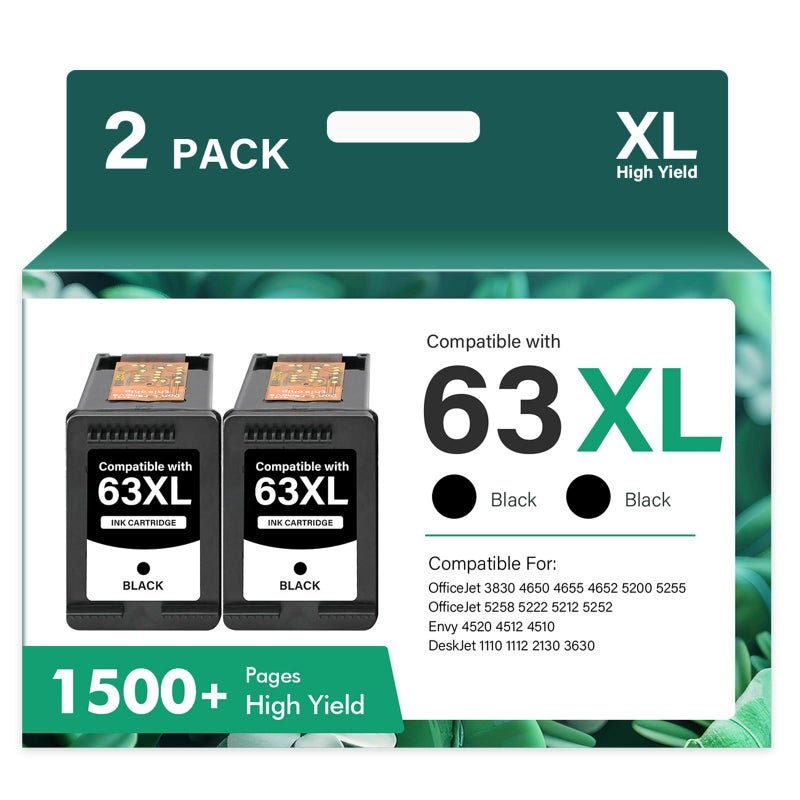 Cool Toner 63 63XL Black Ink Cartridge Replacement for HP63XL Ink 63 XL for HP Envy 4520 OfficeJet 3830 4650 5255 5258 5200 4655 4512 DeskJet 1112 3630 2130 2132 3632 Printer 2-Pack - Image 1