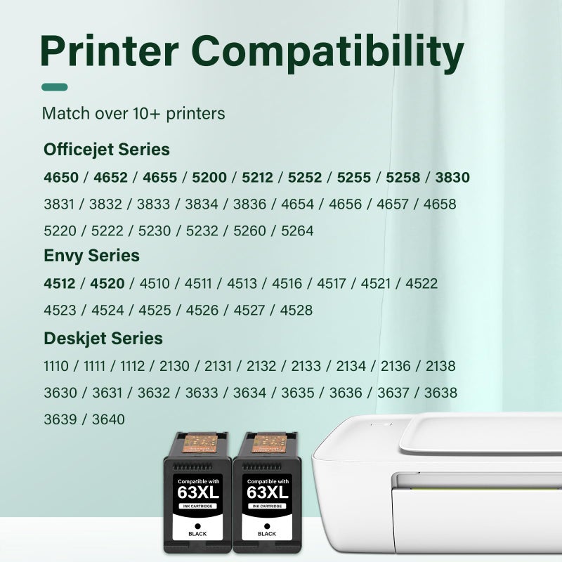 Cool Toner 63 63XL Black Ink Cartridge Replacement for HP63XL Ink 63 XL for HP Envy 4520 OfficeJet 3830 4650 5255 5258 5200 4655 4512 DeskJet 1112 3630 2130 2132 3632 Printer 2-Pack - Image 2
