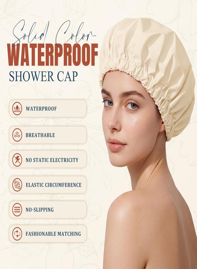Edoneery Reusable Shower Cap for Women, Large Waterproof Shower Bonnet with Elastic Band, Washable Bath Hair Cap for Long, Curly Hair, Braids, Daily Shower, Home Spa, Travel(Champagne - Image 3
