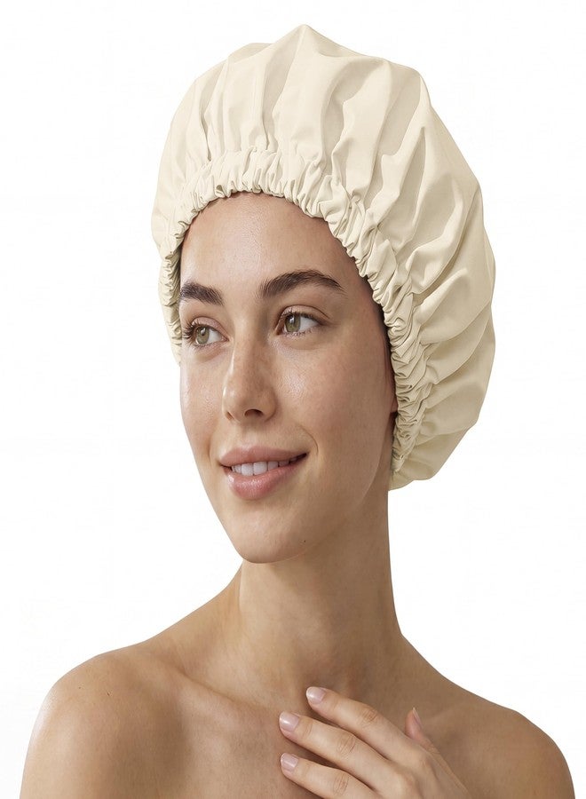 Edoneery Reusable Shower Cap for Women, Large Waterproof Shower Bonnet with Elastic Band, Washable Bath Hair Cap for Long, Curly Hair, Braids, Daily Shower, Home Spa, Travel(Champagne - Image 1