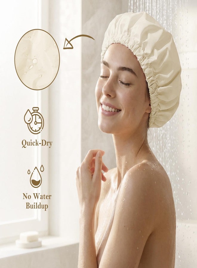 Edoneery Reusable Shower Cap for Women, Large Waterproof Shower Bonnet with Elastic Band, Washable Bath Hair Cap for Long, Curly Hair, Braids, Daily Shower, Home Spa, Travel(Champagne - Image 2