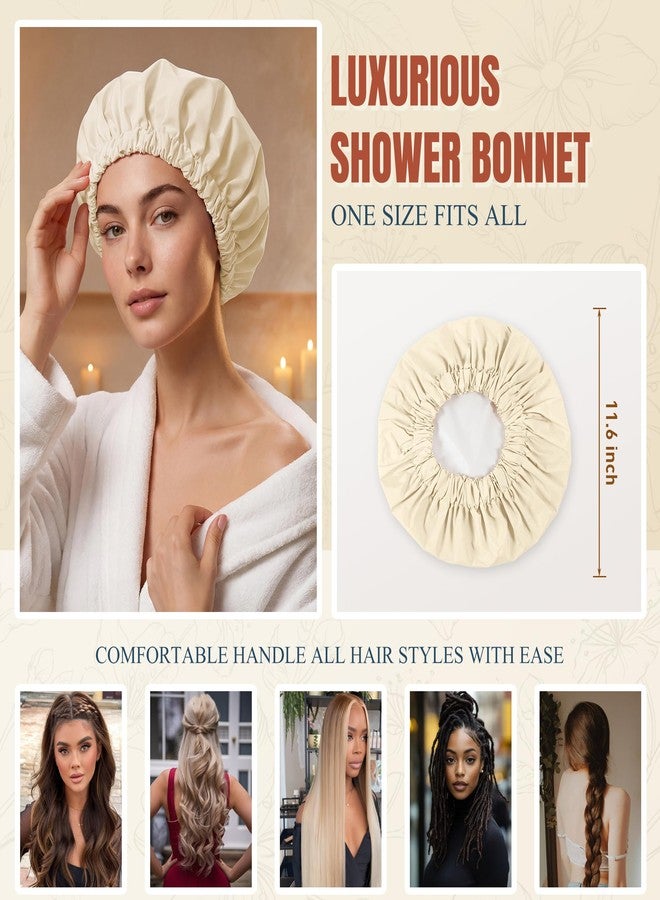 Edoneery Reusable Shower Cap for Women, Large Waterproof Shower Bonnet with Elastic Band, Washable Bath Hair Cap for Long, Curly Hair, Braids, Daily Shower, Home Spa, Travel(Champagne - Image 5