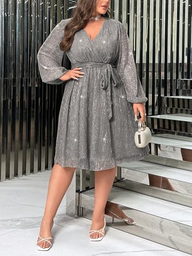 RED DOT BOUTIQUE 876 - Plus Size Elegant Lantern Long Bishop Sleeve Cocktail Dress with Waist Ties (Silver, 3X) - Image 3