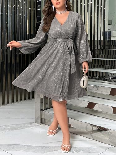 RED DOT BOUTIQUE 876 - Plus Size Elegant Lantern Long Bishop Sleeve Cocktail Dress with Waist Ties (Silver, 3X) - Image 4