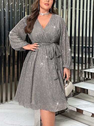 RED DOT BOUTIQUE 876 - Plus Size Elegant Lantern Long Bishop Sleeve Cocktail Dress with Waist Ties (Silver, 3X) - Image 2