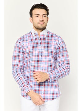 Men Narrow Fit Checkered Long Sleeves Casual Shirt, Blue