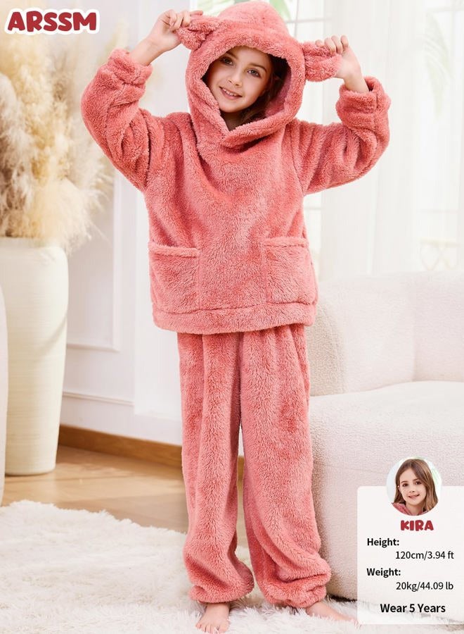 Arssm Girl Pants Sets Two Pieces Outfit Kids Bear Ear Fuzzy Fluffy Hoodie Sweatshirt with Fleece Sweatpants, Pink, 5 Years - Image 4