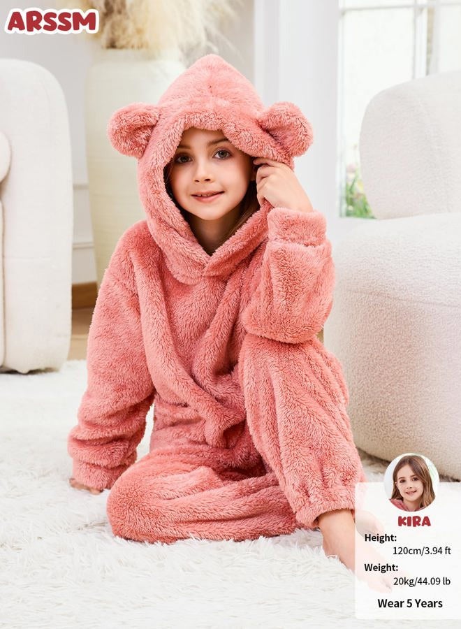 Arssm Girl Pants Sets Two Pieces Outfit Kids Bear Ear Fuzzy Fluffy Hoodie Sweatshirt with Fleece Sweatpants, Pink, 5 Years - Image 5
