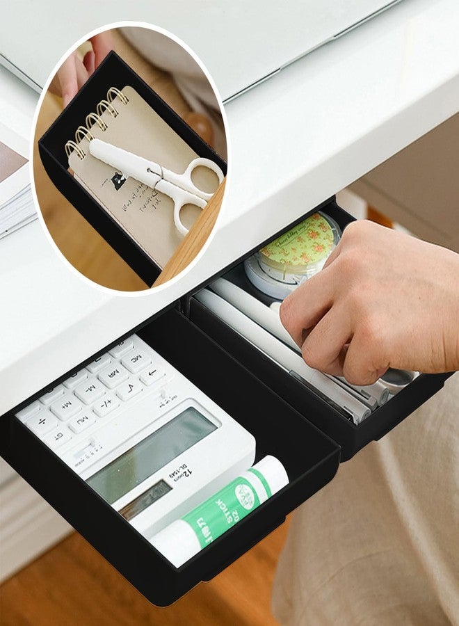 kulusion 2 Packs Under Desk Drawers, Slide Out Drawer Attachment, Plastic Desk Accessories & Workspace Organizers, Self-Adhesive Hidden Desktop Pen Holder for Office School Home (Black) - Image 2