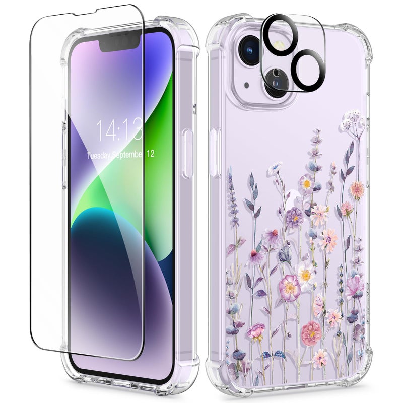 GVIEWIN for iPhone 14 Plus Case Floral, with Screen Protector&Camera Lens Protector,[Non Yellowing] Soft Shockproof Clear Phone Protective Cover Women, Flower Pattern Design 6.7"(Floratopia/Colorful) - Image 1