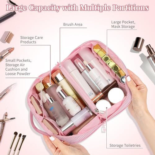 Bagmoly 2026 Graduation Gifts Travel Makeup Bag for Women 2Pcs Portable Personalized Initial Makeup Organizer Bag Open Flat Large Cosmetic Bag With Travel Essential Pouch Pink Letter L - Image 3